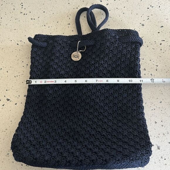 The Sak Crochet Navy Blue Backpack Drawstring Shoulder Bag Handmade EUC main image 4
